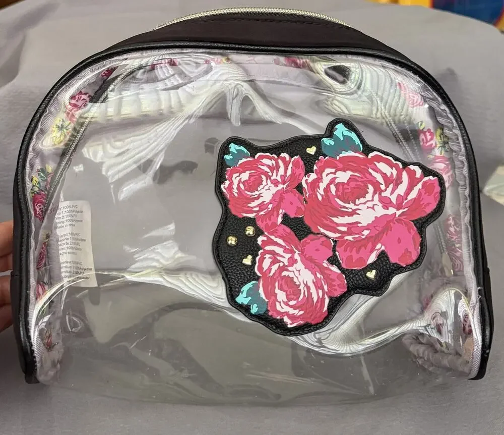 Betsey Johnson Clear Zipper Makeup Bag Cosmetic Pouch Small Toiletries w/Roses